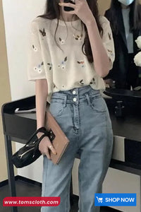 Vintage Floral Embroidered O-Neck Shirts