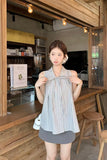 Elegant Sleeveless Lace Up Striped Blouse Shirts
