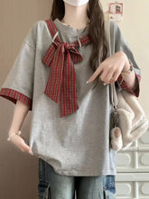 Cute Bow Plaid Patchwork Casual Shirt