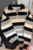 Turn Down Collar Zipper Retro Striped Sweater