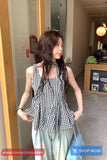 Cute Lace Up Sleeveless Plaid Summer Shirt