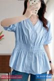 Short Sleeve V-Neck Elastic Blouse Shirt