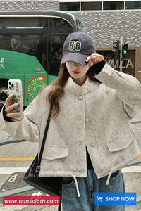 Loose Semi High Collar Retro Tweed Jacket