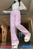 Retro Pink Plaid Casual Long Pants