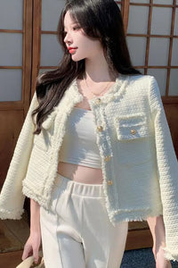 Long Sleeve White Elegant Tweed Jacket