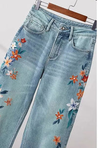 Retro Flowers Embroidered Long Jeans Pants