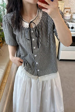 Short Sleeve Lace Tie Collar Plaid Blouse Shirt