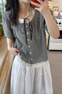 Short Sleeve Lace Tie Collar Plaid Blouse Shirt
