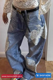 High Waist Lace Bird Embroidered Retro Jeans Pants