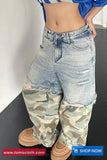 High Waist Camouflage Stitched Jeans Pants