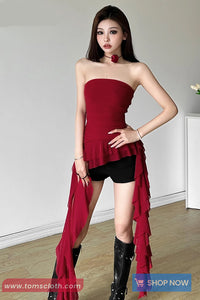 Sexy Off Shoulder Asymmetrical Ruffled Crop Tops