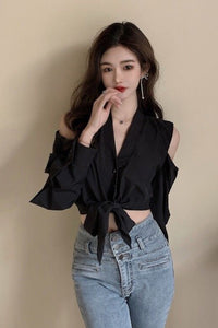 Long Sleeve Sexy Off Shoulder V-Neck Blouse Shirt