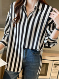 Long Sleeve Retro Black White Striped Office Blouse ShirtLong Sleeve Retro Black White Striped Office Blouse Shirt