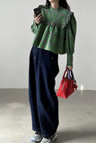 Loose Puff Sleeve Green Plaid Ruffled Blouse Shirt