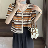 V-Neck Button Up Striped Embroidery Crochet Shirt