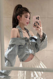 Long Sleeve Sexy Halter Neck Cropped Denim Jacket