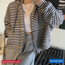 Long Sleeve Striped Hooded Zipper Cardigan