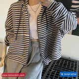 Long Sleeve Striped Hooded Zipper Cardigan