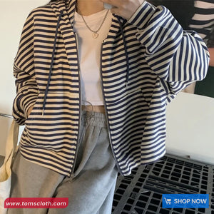 Long Sleeve Striped Hooded Zipper Cardigan