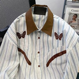 Long Sleeve Butterfly Embroidered Striped Blouse Shirts