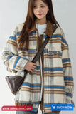 Long Sleeve Retro Woolen Plaid Zipper Collar Jacket