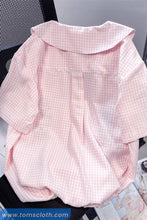 Pink Plaid Cartoon Embroidered Peter Pan Collar Blouse Shirt