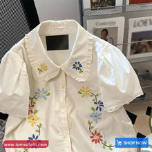 Cute Retro Doll Collar Flower Embroidered Blouse Shirt