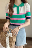 Turn Down Collar Knitted Colorful Striped Shirt