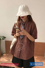 Short Sleeve Vintage Plaid Cute Tie Blouse Shirt