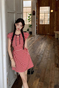 Vintage Red Plaid Slim Mini Dress