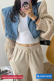 Long Sleeve Denim Patchwork Retro Knitted Cropped Sweater