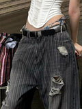Retro Striped Hole Washed Black Denim Jeans Pants