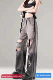 High Waist Hole Ripped Retro Gradient Grey Jeans Pants