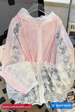 Long Sleeve Stitched Colors Lace Transparent Hooded Jacket