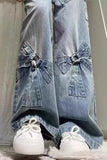 High Waist Cute Bow Pattern Loose Jeans Pants