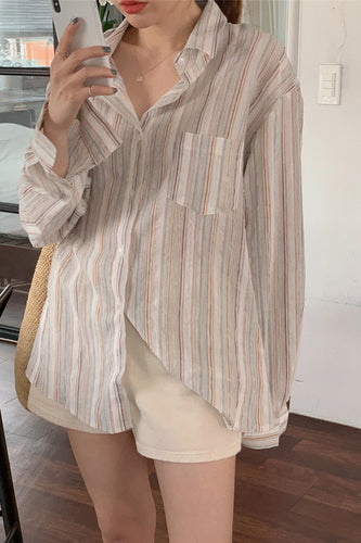 Long Sleeve Turn Down Collar Simple Striped Blouse Shirt