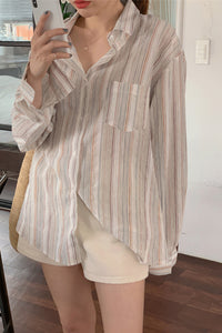 Long Sleeve Turn Down Collar Simple Striped Blouse Shirt