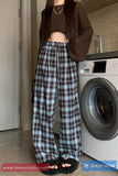 High Waist Loose Vintage Blue Plaid Pants