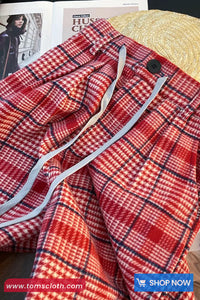 High Waist Retro Red Plaid Elegant Pants
