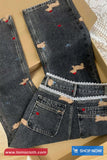 High Waist Lace Patchwork Cute Puppy Embroidered Jeans Pants