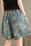 Double Pockets Cute Floral Pattern Denim Shorts