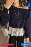 Lace Splicing Off Shoulder O-Neck Sweater