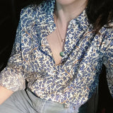 Long Sleeve Cute Blue Floral Blouse Shirt