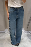 High Waist Side Beading Pearls Jeans Pants