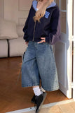 Loose Wide Leg Plaid Pocket Pattern Jeans Shorts