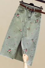 High Waist Floral Embroidered Jeans Skirt