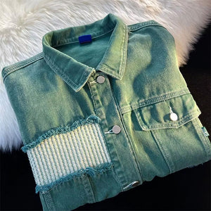 Long Sleeve Hole Splicing Green Denim Jacket