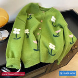 Long Sleeve Cute Floral Embroidered Knitted Green Cardigan Sweater