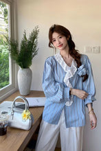 Long Sleeve Lace Neck Striped Blouse Shirts