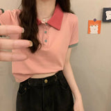 Short Sleeve Cute Colors Combination Collar Shirt
